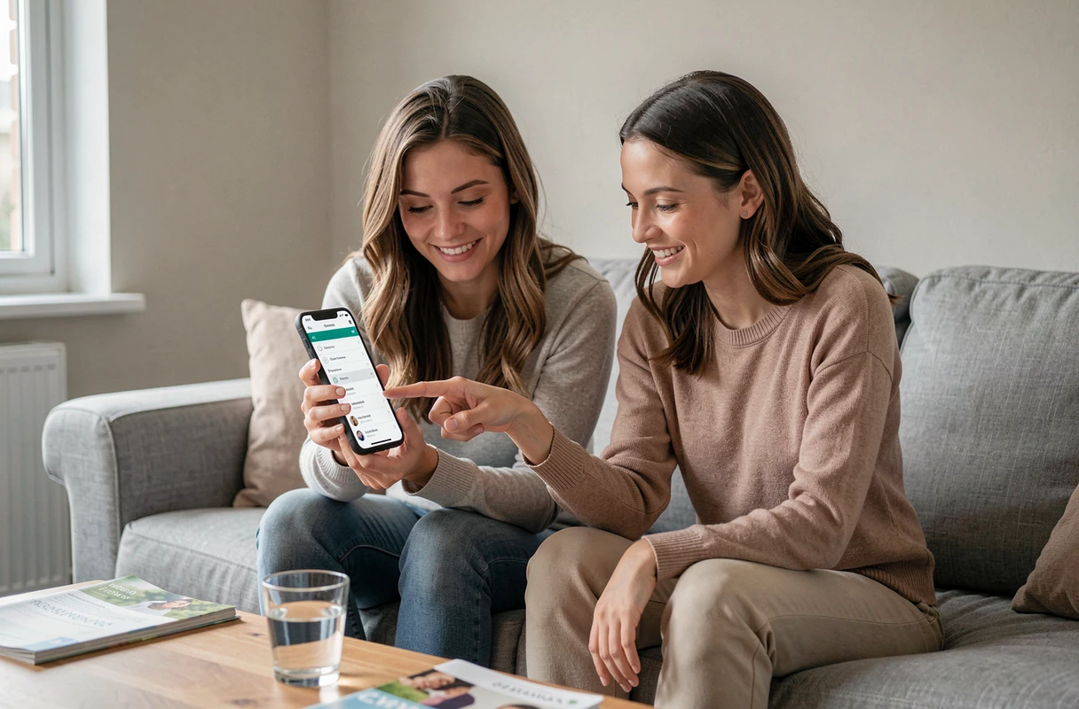 Deux parents découvrant ensemble la navigation du plan du site Club des Parents sur smartphone