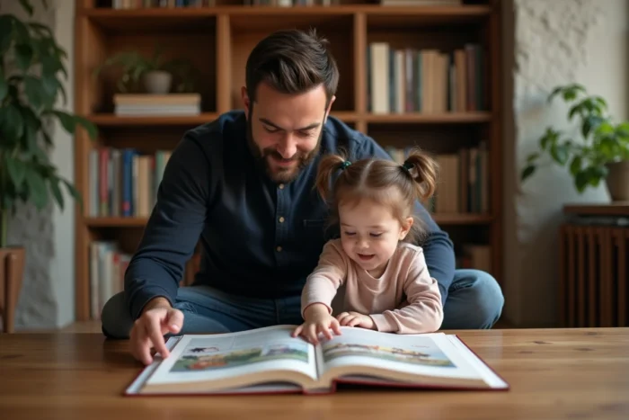 Père lisant un livre illustré avec sa fille de 4 ans dans un coin bibliothèque, favorisant l'éveil et le développement du langage