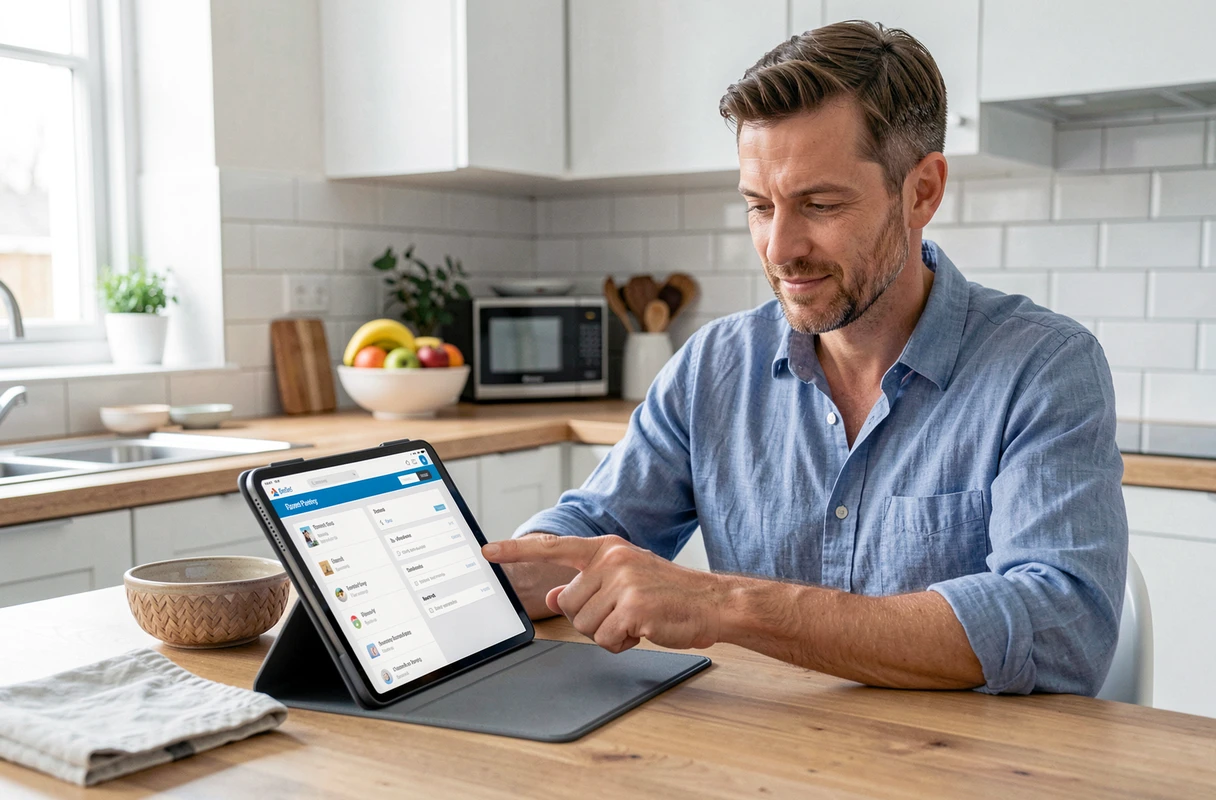 Père consultant le plan du site Club des Parents sur une tablette dans la cuisine familiale