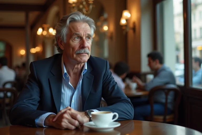 Portrait de Philippe Gougler dans un café parisien, homme aux cheveux grisonnants en veste marine