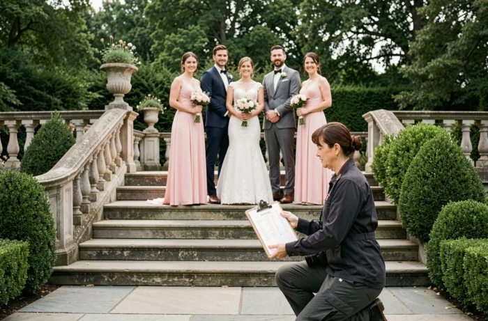 Photographe de mariage consultant un plan de prises de vue pour optimiser les photos de groupe en extérieur