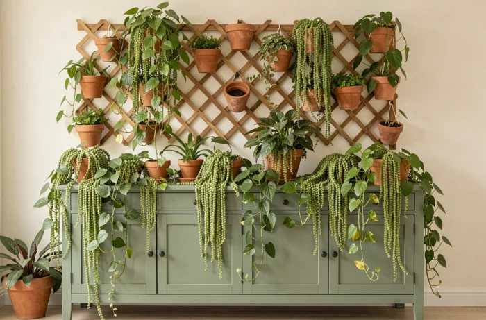 Plantes retombantes sur support mural en treillis bois au-dessus d'un buffet vert sauge avec pots en terre cuite