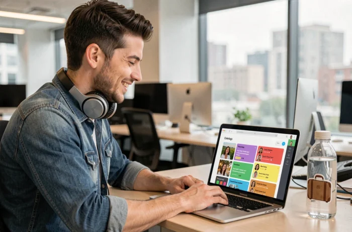 Jeune homme souriant devant une playlist collaborative partagée avec des collègues pour le voyage de vacances