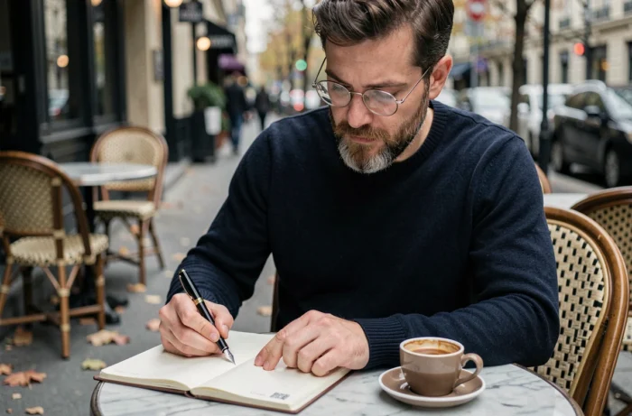 Poète écrivant dans un carnet dans un café parisien en plein air à l'automne