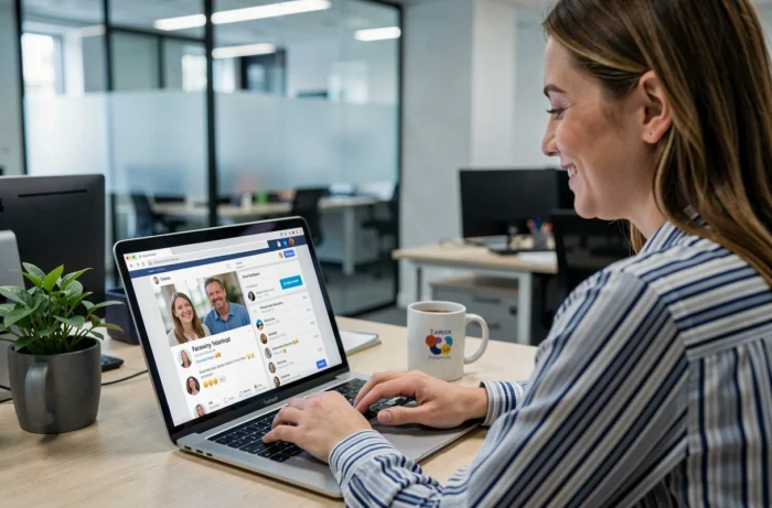Femme publiant un message de bonnes vacances sur le réseau social interne de l'entreprise depuis son bureau