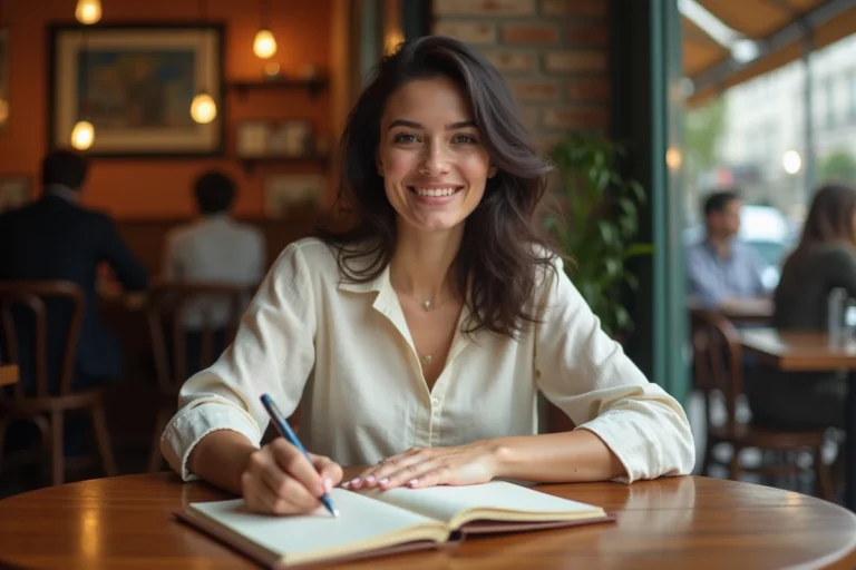 Jeune femme prénommée Julia écrivant son prénom dans un carnet dans un café parisien vintage