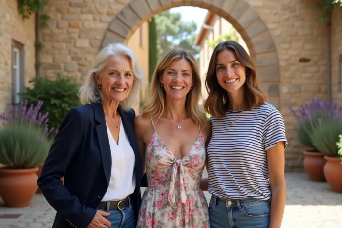Trois femmes françaises de générations différentes portant le prénom Julia dans une cour méditerranéenne ensoleillée
