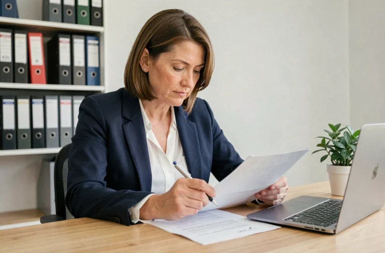 Professionnelle immobilière en veste marine révisant un pré-état daté imprimé dans un bureau moderne