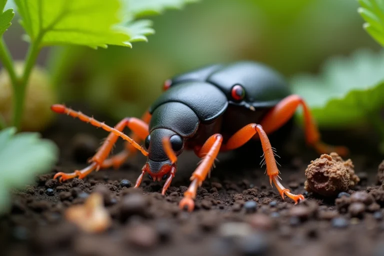 Gros plan d'un carabe Pseudoophonus rufipes sur la terre d'un jardin avec des pattes rousses et des élytres noirs brillants