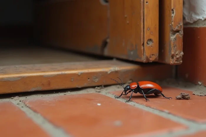 Carabe Pseudoophonus rufipes ayant pénétré à l'intérieur d'une maison près d'une porte de cuisine sur carrelage en terre cuite