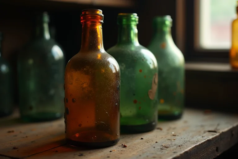Collection de bouteilles en verre anciennes sur un établi en bois usé dans une boutique d'antiquités, montrant patine, bulles et marques de pontil caractéristiques de leur âge