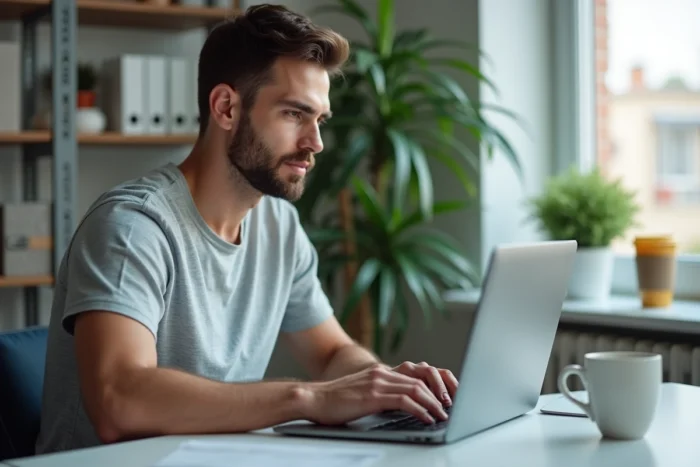 Homme rédigeant un avis client Burger King sur ordinateur portable à domicile