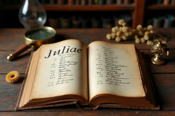 Registre d'état civil français ancien ouvert montrant le prénom Julia écrit en cursive sur une page jaunie
