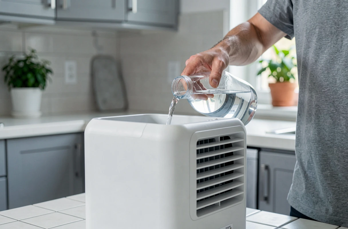 Remplissage du réservoir d'eau du rafraîchisseur d'air Klarstein Maxfresh dans une cuisine moderne