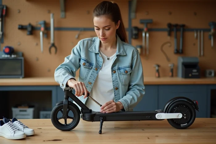 Femme réparant le mécanisme de pliage d'une trottinette électrique dans un atelier domestique
