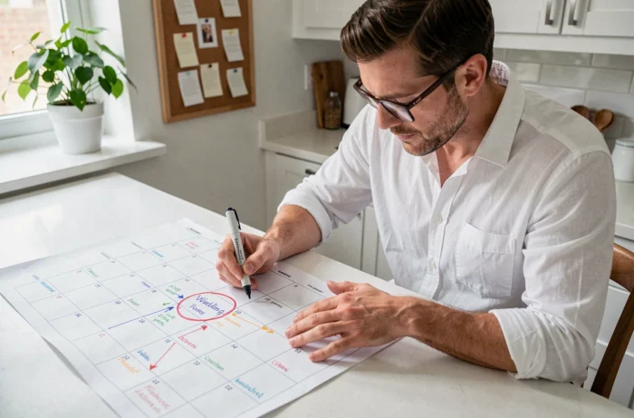 Homme traçant un rétro-planning à rebours sur un grand calendrier pour organiser les étapes du mariage