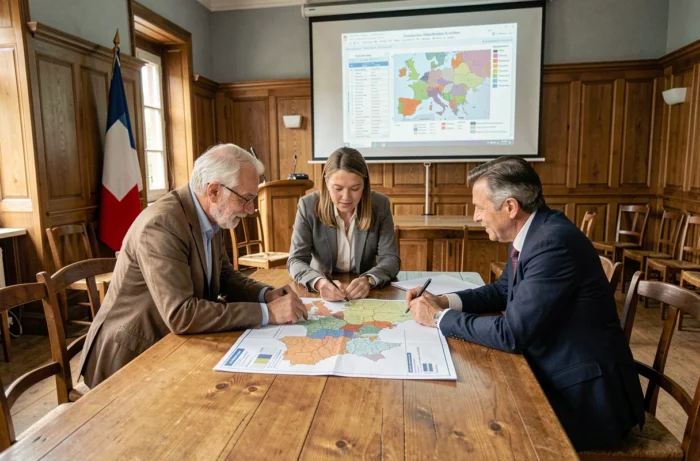 Élus locaux en réunion autour de la carte du territoire du Bellegardois