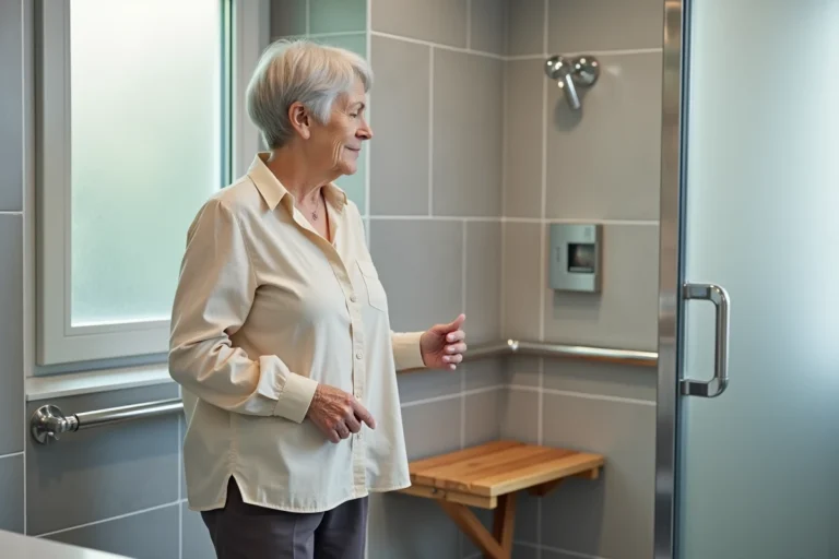 Senior femme dans une salle de bain adaptée avec barre d'appui et douche à l'italienne pour personnes âgées