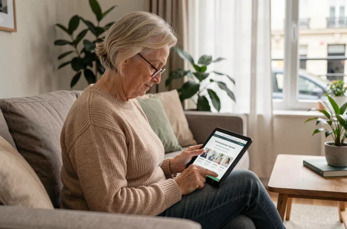 Senior autonome consultant les tarifs des services d'aide à domicile Âge d'Or sur une tablette en 2026