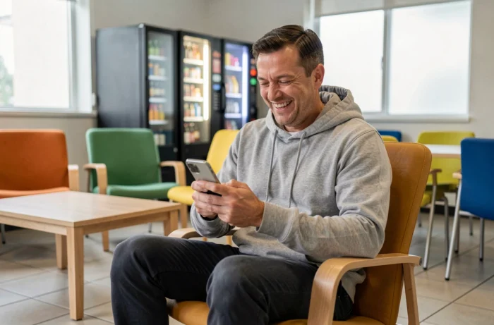 Homme souriant lisant un SMS humoristique de bonnes vacances sur son smartphone dans une salle de pause