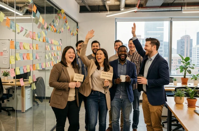 Groupe de collègues souriants se disant au revoir dans un espace de bureau moderne décoré de post-its colorés