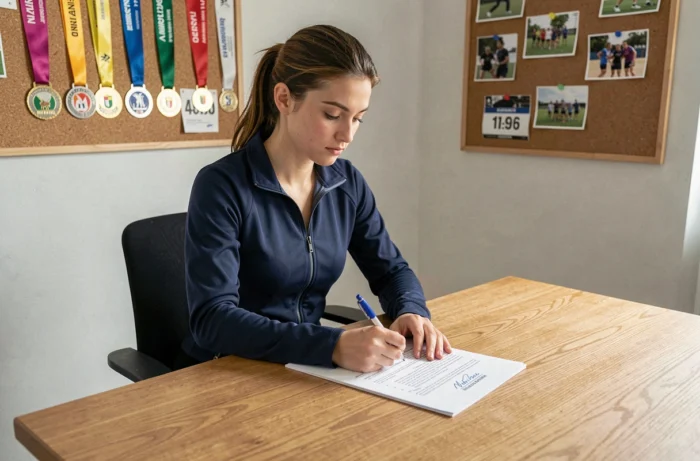 Jeune sportive rédigeant son CV avec ses compétences sportives dans un bureau à domicile décoré de médailles et dossards