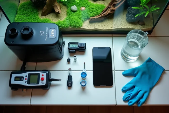 Vue aérienne d'une station de maintenance aquarium avec outils innovants, pompe doseuse et application mobile