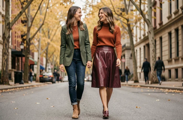 Deux femmes élégantes marchant en ville en automne portant des tenues tendance aux couleurs chaudes et contrastées