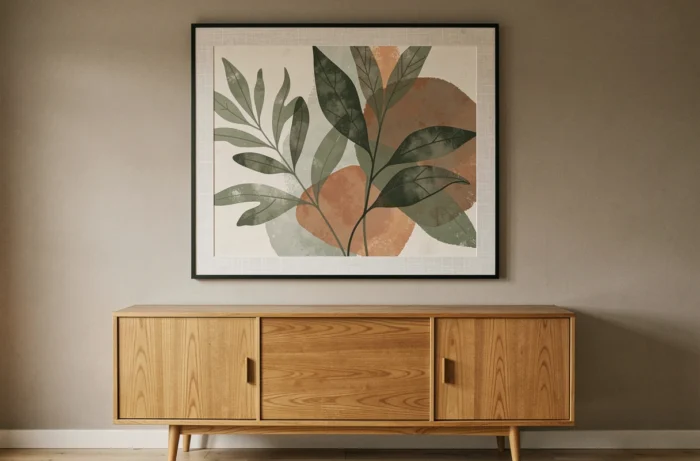 Grand tableau XXL en format unique encadré au-dessus d'un buffet en bois mid-century