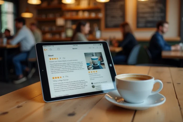 Tablette affichant des avis et étoiles d'utilisateurs sur une table de café en bois