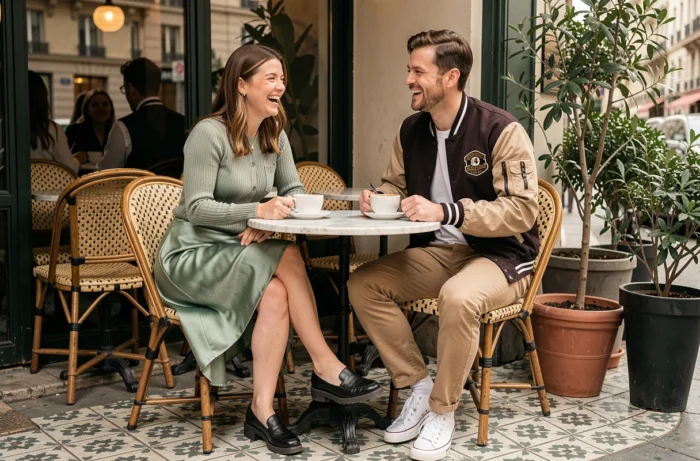 Deux amis tendance assis en terrasse de café parisien portant les incontournables de la mode cette saison, look stylé automne