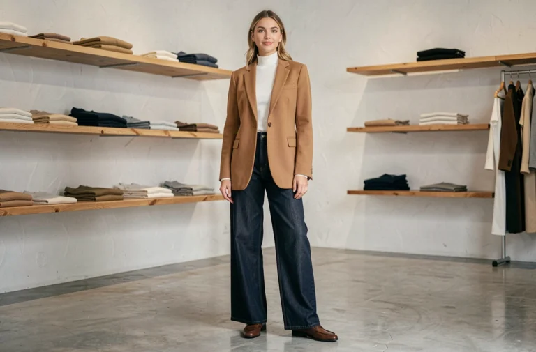 Jeune femme élégante portant un blazer camel oversize et un jean large dans une boutique de mode parisienne au style minimaliste