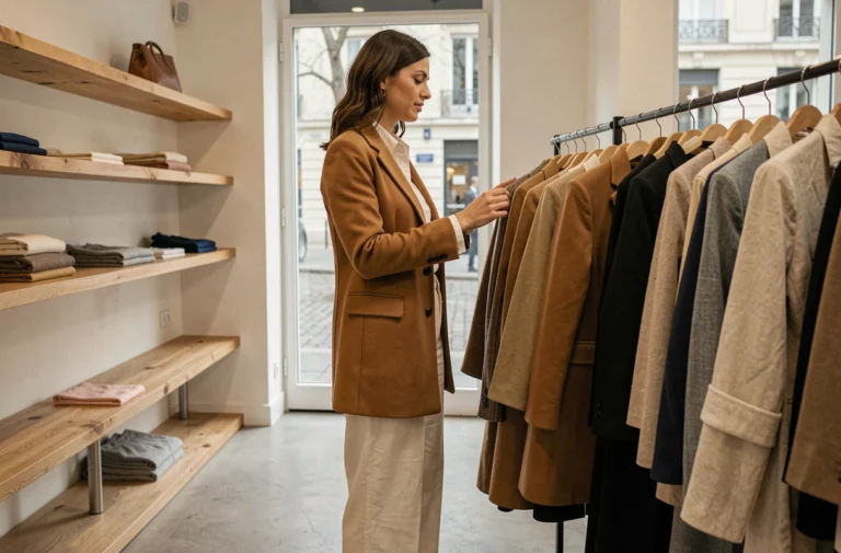 Femme élégante en manteau camel et pantalon large ivoire dans une boutique de mode parisienne minimaliste