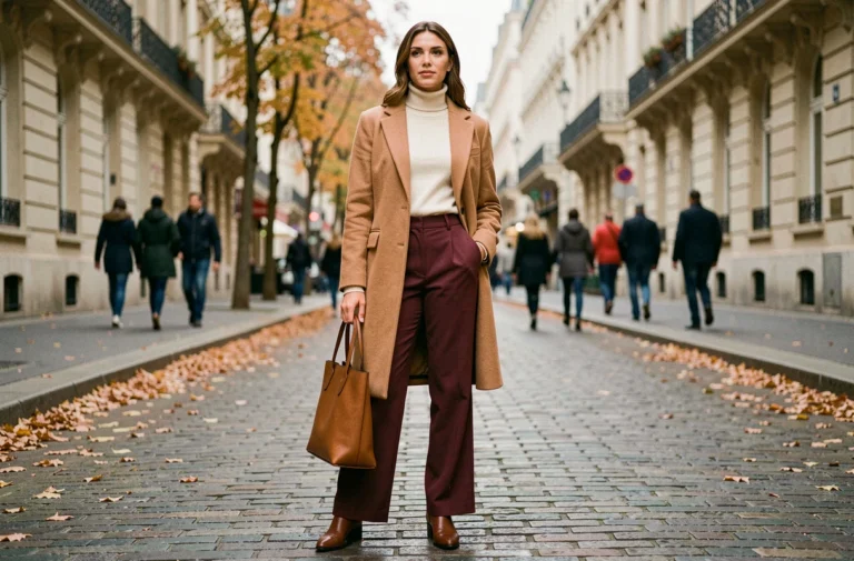 Femme élégante portant un manteau camel et un pantalon large bordeaux dans une rue parisienne pavée en automne, tendances mode saison