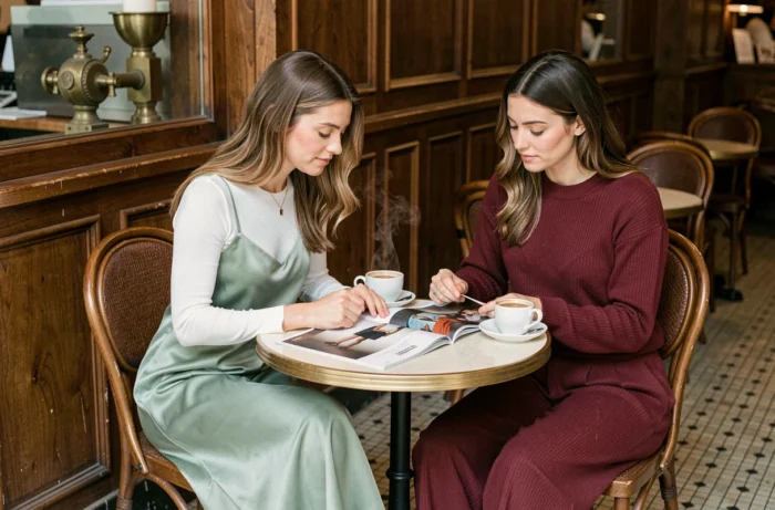 Deux femmes tendance discutant mode autour d'un magazine dans un café parisien chaleureux avec décor vintage et tenues contemporaines