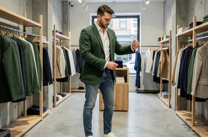 Homme stylé en blazer vert oversized explorant les nouvelles collections dans un concept store moderne, tendances mode masculine