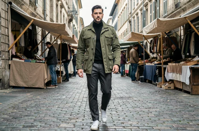 Homme stylé en veste utilitaire olive et pantalon houndstooth marchant dans un marché urbain pavé avec une esthétique mode contemporaine