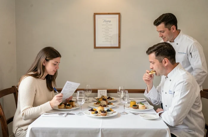 Couple testant le menu traiteur lors d'une dégustation officielle avec le chef avant validation du mariage