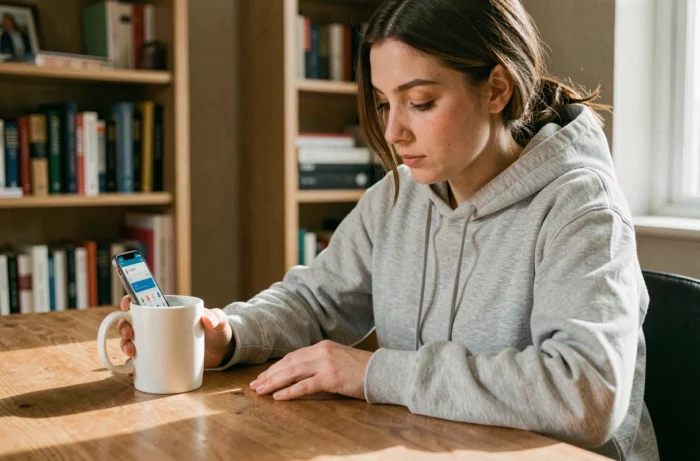 Jeune femme consultant son solde Google Play sur smartphone depuis son bureau à domicile