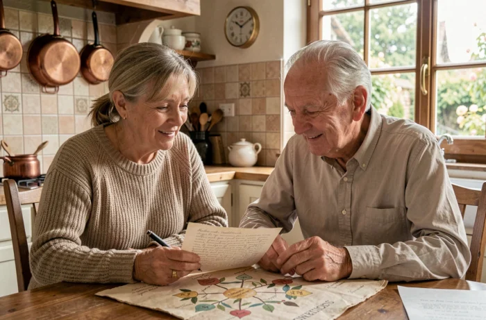 Femme et homme âgé partageant des documents généalogiques et un arbre familial autour d'une table, transmettant l'histoire familiale
