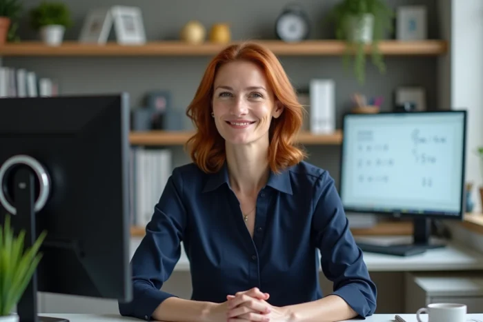 Tutrice professionnelle animant un cours de soutien scolaire en ligne depuis son bureau à domicile avec tableau blanc virtuel