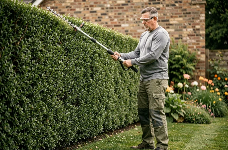 Homme utilisant un taille-haie télescopique pour tailler le sommet d'une haute haie de buis dans un jardin résidentiel