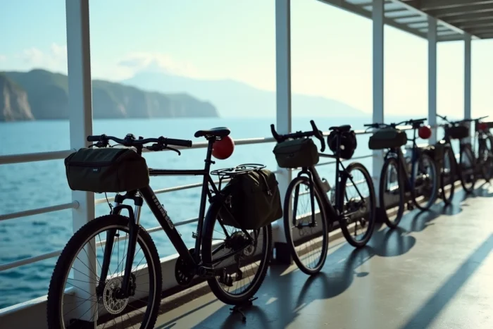 Vélos attachés sur le pont d'un ferry en direction de l'île de Porquerolles