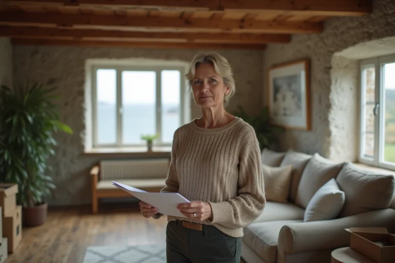 Femme tenant des documents de vente immobilière dans un salon de maison bretonne avec cartons de déménagement, contexte de divorce dans le Finistère