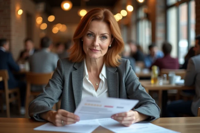 Femme vérifiant les avis et indicateurs de confiance d'un service en ligne dans un café