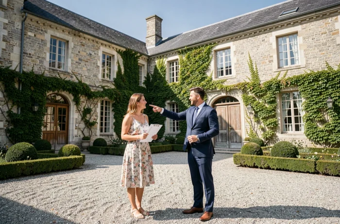 Couple visitant un domaine de réception avec une coordinatrice et vérifiant les labels environnementaux du lieu