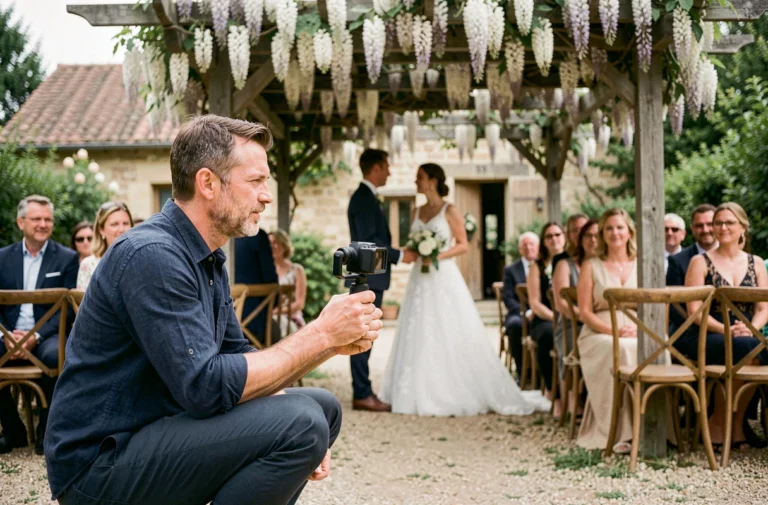 Vidéaste professionnel filmant une cérémonie de mariage en extérieur dans la campagne française