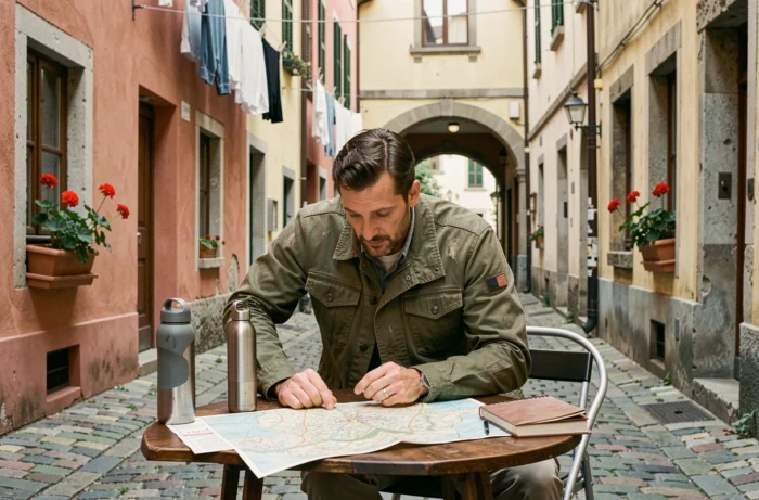 Voyageur consultant une carte papier dans une ruelle pavée d'une vieille ville européenne pour optimiser son itinéraire à petit budget